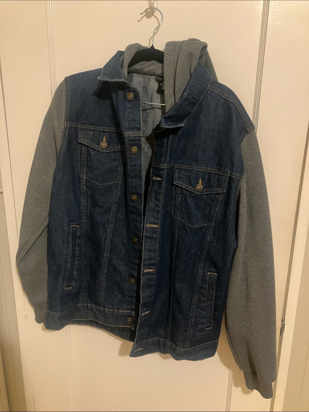 Original Deluxe Navy Denim Jacket with Gray Sleeves & Hood